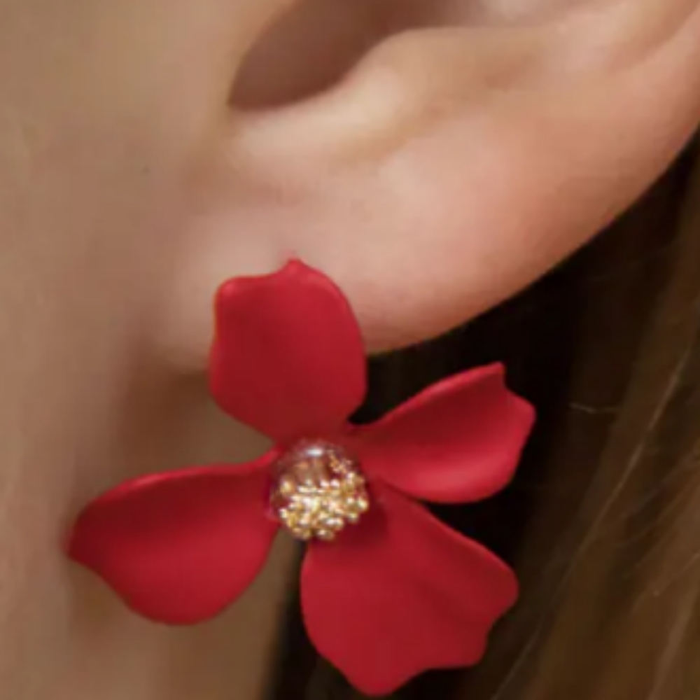 Big Blood Red Flower Post Earrings 3D Floral Statement Pretty Feminine